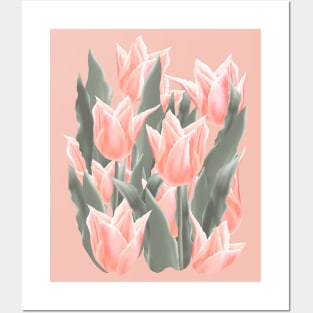 Stylish Peach Tulips Flowers Watercolor Illustration, coral pink color background Posters and Art